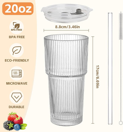 20oz Ribbed Glass Cups with Lids and Straws,1PCS Glass Tumbler with Straw and Lid,Iced Coffee Cups Drinking Glasses for Juice Whiskey Cocktail Beer