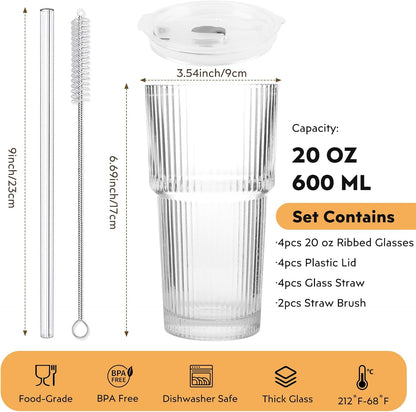 Clear Iced Coffee Cups with Lids - 4 Pack, 20oz Reusable Glass Cups with Lids and Straws, Drinking Tumblers for Cocktail Beer, Juice, Smoothie, Coffee Bar, Housewarming Gifts - Dishwasher Safe