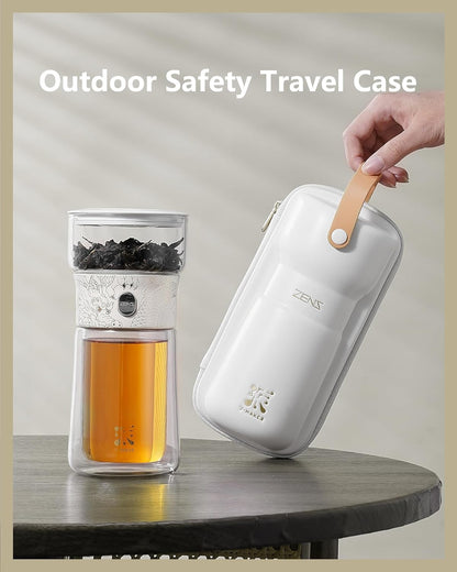 ZENS Modern Glass Infuser Teapot, One Touch Tea Maker for Loose Leaf Tea with Insulated Mug and Portable Case. Enchanted Pot Alternatives for Tea Lover Gifts