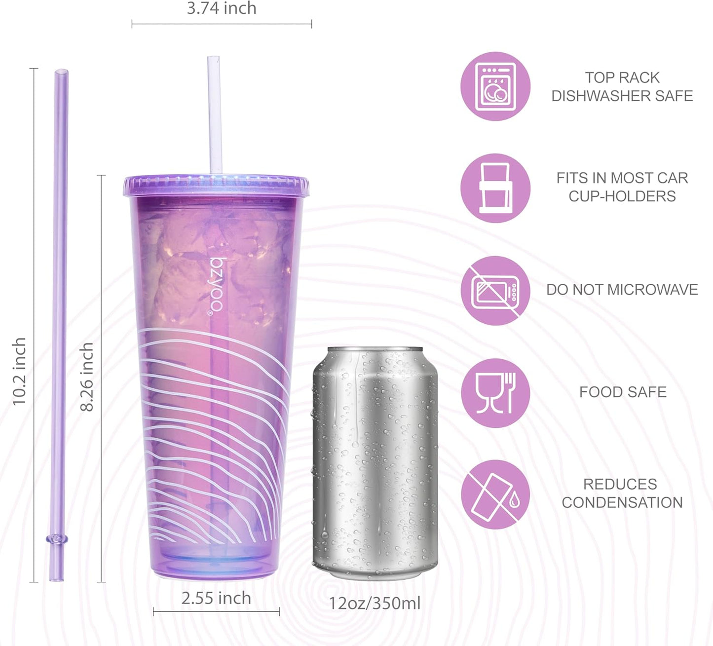 bzyoo SIP 24oz (710ml) Double Wall Plastic Tumbler with Lid and Straw Cold Drink Travel Mug Reusable Party Cup Perfect for Office Ice Coffee or Tea and Gift Color: Pink & Purple