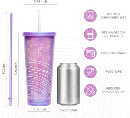 bzyoo SIP 24oz (710ml) Double Wall Plastic Tumbler with Lid and Straw Cold Drink Travel Mug Reusable Party Cup Perfect for Office Ice Coffee or Tea and Gift Color: Pink & Purple