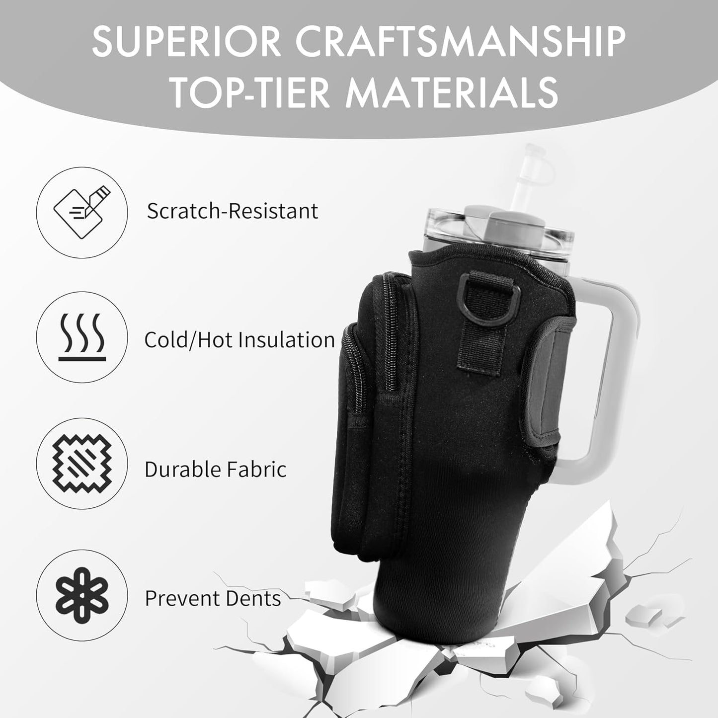 JEBEALUO Water Bottle Carrier Bag with Phone Pocket for Stanley Cup 40/30 oz, Water Bottle Holder with Adjustable Strap& Straw Cover, Stanley Cup Accessories
