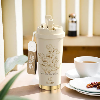 [2-IN-1 LID] Travel Mug,Coffe mug,Coffe cup,Ceramic coating Lined,316 Stainless Steel,BPA Free,Vacuum Insulated Tumbler for Water, Iced Tea or Coffee, Smoothie and More (Peony-White, 18 Onuces)