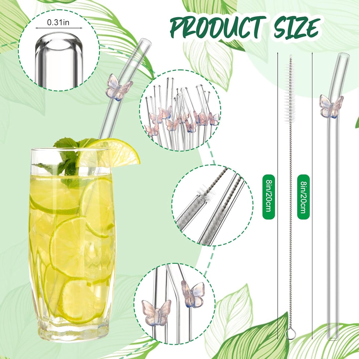 Meanplan 10 Pcs Cute Reusable Glass Straws with Design,8 mm x 7.9'' Shatter Resistant Butterfly Bow Clear Bent Glass Straw with Cleaning Brush for Drink Party Milkshakes Juice (Mixed Color)
