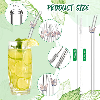 Meanplan 10 Pcs Cute Reusable Glass Straws with Design,8 mm x 7.9'' Shatter Resistant Butterfly Bow Clear Bent Glass Straw with Cleaning Brush for Drink Party Milkshakes Juice (Mixed Color)