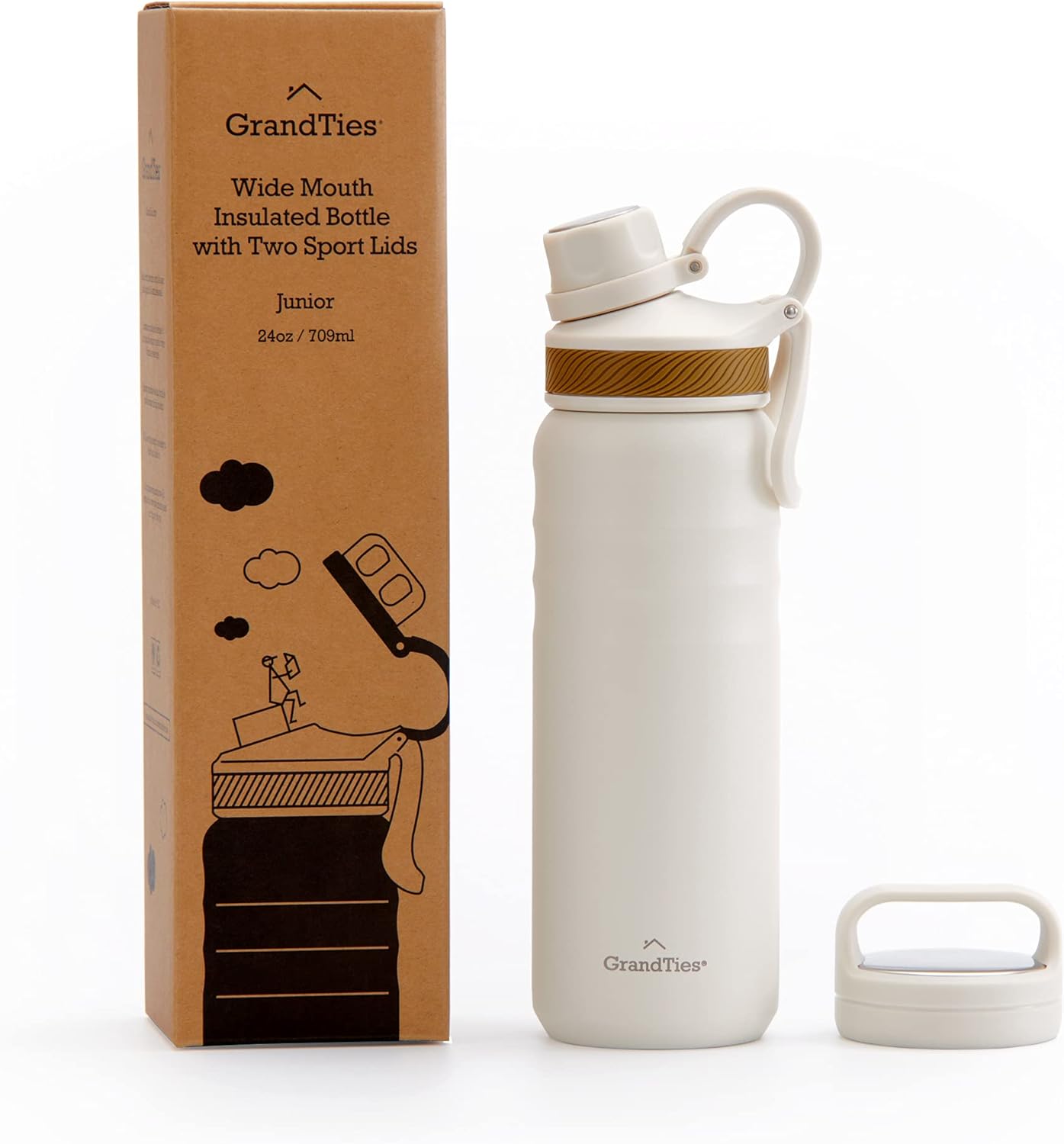 GRANDTIES 2 Lids Sports Stainless Steel Water Bottles – Wide Mouth Vacuum Insulated Reusable Leak Proof BPA-Free Travel Metal Canteen, Thermal Bottles for Men Women Gym (Ivory White 32 oz)