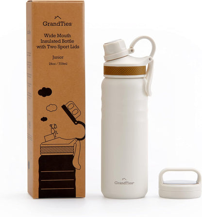 GRANDTIES 2 Lids Sports Stainless Steel Water Bottles – Wide Mouth Vacuum Insulated Reusable Leak Proof BPA-Free Travel Metal Canteen, Thermal Bottles for Men Women Gym (Ivory White 32 oz)