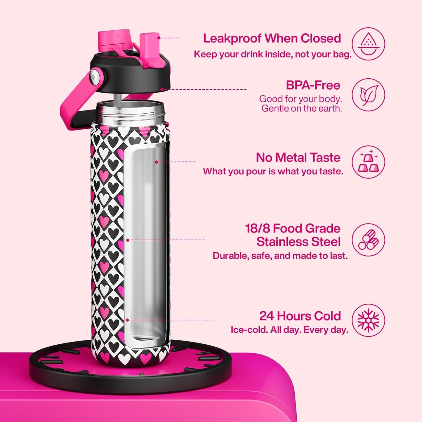 ENCOOL Insulated Water Bottle with Straw Stainless Steel Water Bottle, Leak-Proof, BPA-Free, Double Wall Vacuum Keeps Cold for 24 Hours for Sports, Travel, School (26 oz, Cotton Candy) - Colors D