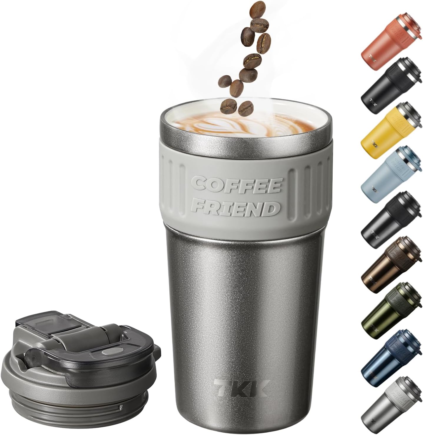 TKK Insulated Coffee Mug with Ceramic Coating, 21oz Iced Coffee Tumbler Cup with Straw Lid Double Wall Vacuum Leak Proof Travel Mug with Strap for Hot and Iced Beverage, Tungsten Steel