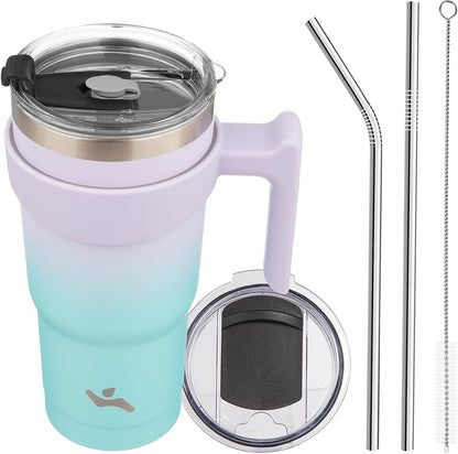Konokyo 20 oz Tumbler with Handle and 2 Straw 2 Lid, Insulated Water Bottle Stainless Steel Vacuum Cup Reusable Travel Mug,Black