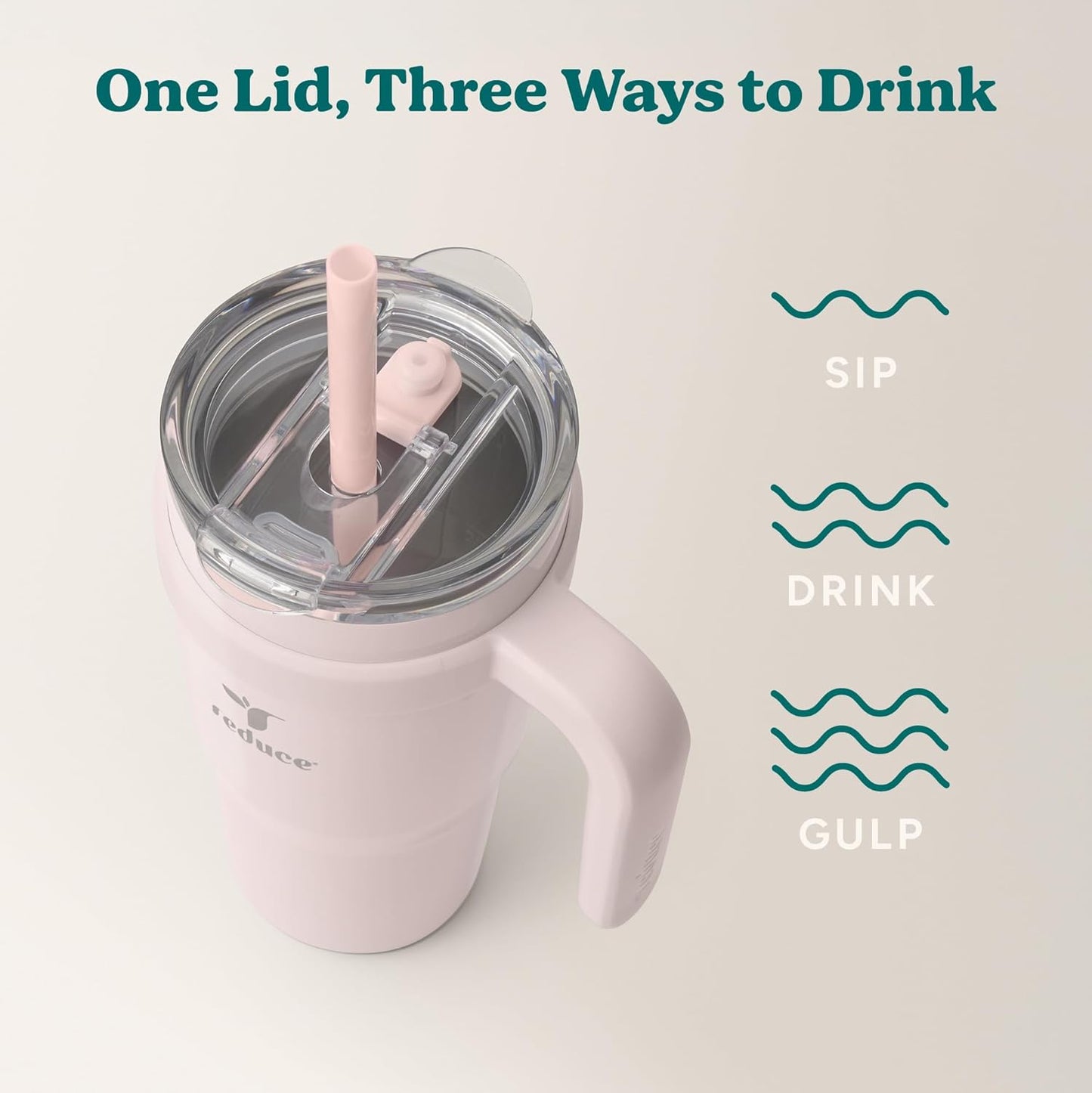 REDUCE 24 oz Stainless Steel Tumbler with Handle - Dual-Wall Vacuum Insulated Travel Mug, Sweat-Proof Lid & Reusable Straw - Keeps Drinks Cold for 24 Hrs, Fits Cupholders, Dishwasher Safe - Lilac Bud