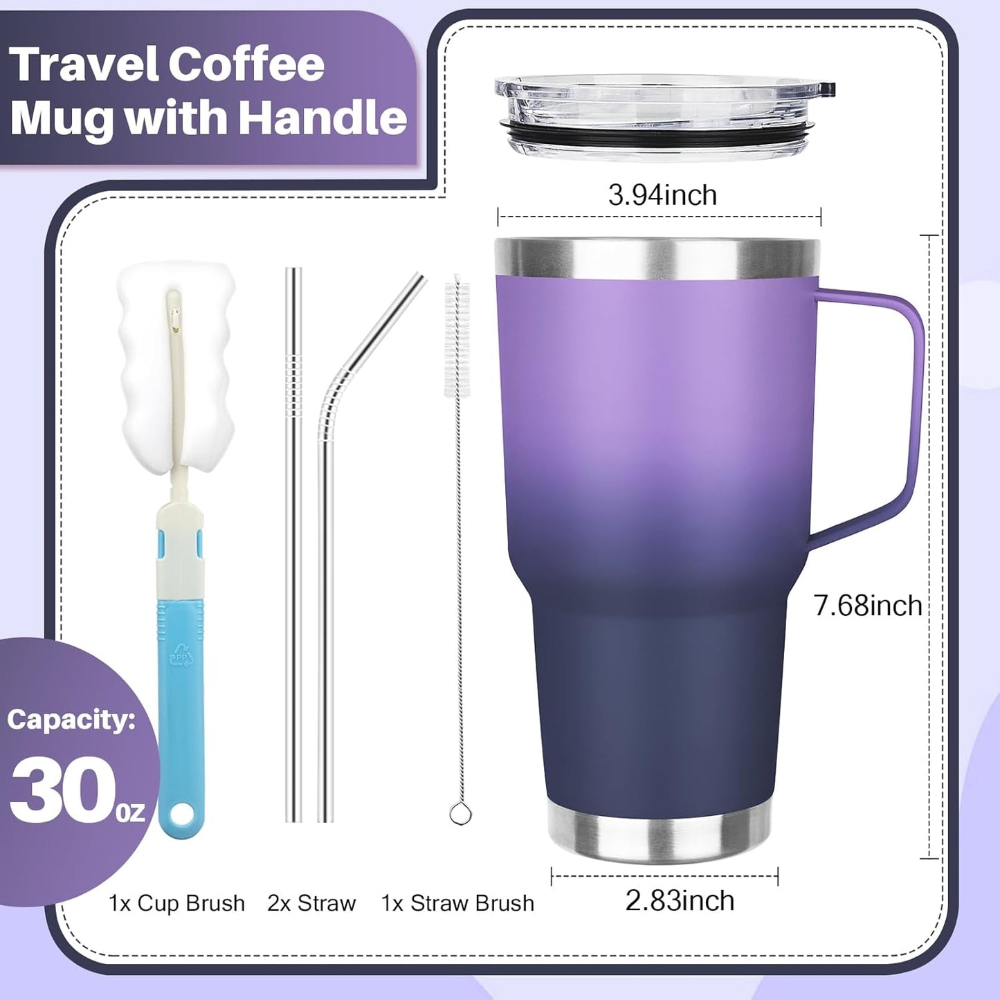 40 oz Tumbler with Handle, Insulated Tumbler with Lid and Straw, Reusable Stainless Steel Vacuum Insulated Cup, 100% Leak Proof Thermal Travel Coffee Mug Cup for Cold and Hot (Light Purple)
