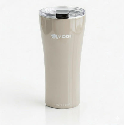 YOGI Ceramic Lined Metal Allergy Safe 16oz Coffee Tumbler with Leakproof Lid BPA Free Vacuum Insulated Stainless Steel Cupholder Friendly Travel Cup for Coffee and Water Sandstone