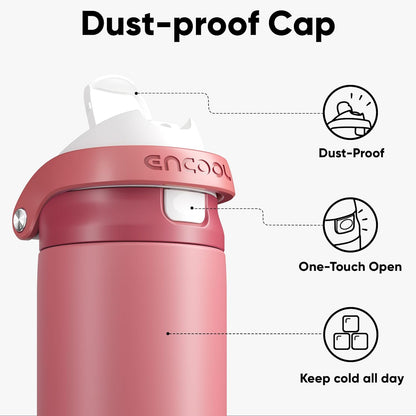 ENCOOL Leakproof Insulated Water Bottle with Straw Dual-Sip Water Bottle Bag-Safe Design for Work, Commute & Gym – Keeps Drinks Cold All Day, 24 oz, Lemonade Pink - Colors A
