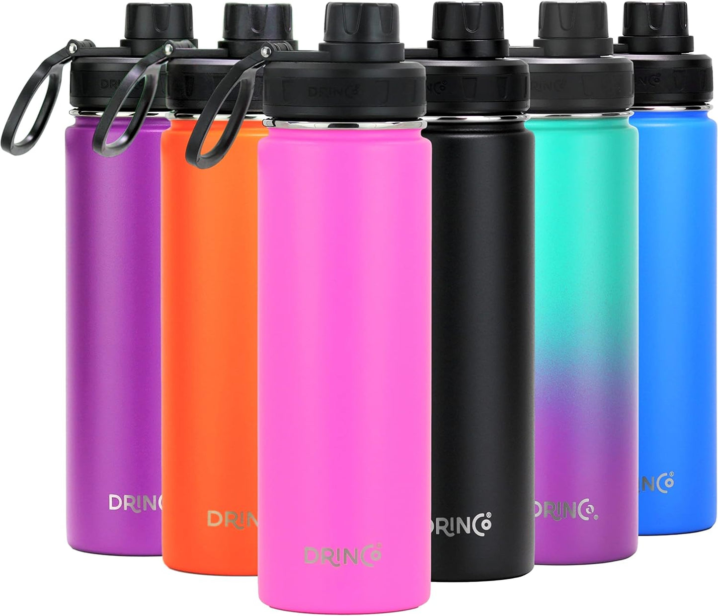Drinco Stainless Steel Water Bottle Spout Lid Vacuum Insulated Double Wall Water Bottle Wide Mouth (40oz 32oz 22oz 18oz 14oz) Leak Proof Keep Cold Sport Camping Hiking (22 oz, 22oz Black)