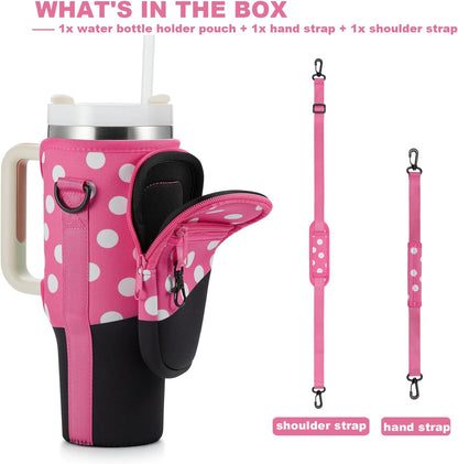 BULKITEM Water Bottle Carrier Bag with Phone Pocket for Stanley 40 & 30 oz Tumbler with Handle,Pink Insulated Neoprene Cup Holder Pouch w/Adjustable Strap for Quencher H2.0 Stanley Cup Accessories