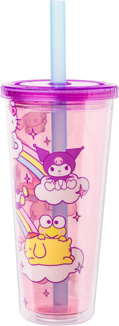 Silver Buffalo Sanrio Hello Kitty and Friends Plastic Boba Tumbler with Lid and Straw Featuring Hello Kitty, Cinnamorroll, Kuromi, My Melody, Badtz Maru, Keroppi, Chococat, and Pompompurin, 24 Ounces