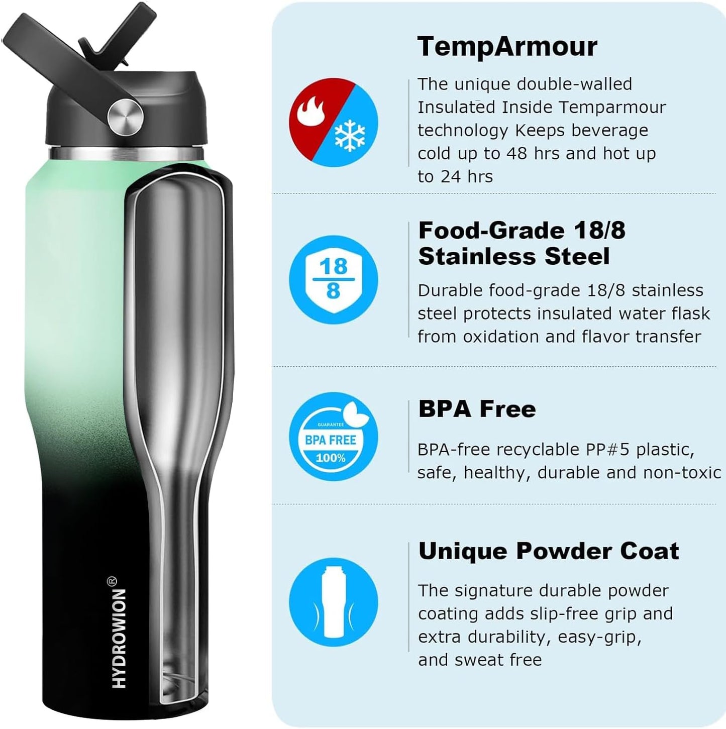 HYDROWION 32oz Stainless Steel Water Bottle(Cold for 48 Hrs, Hot for 24 Hrs),Double Wall Vacuum Insulated Water Bottle with Straw Lid, Spout Lid and Flex Cap, Fit in Any Car Cup Holder,Black