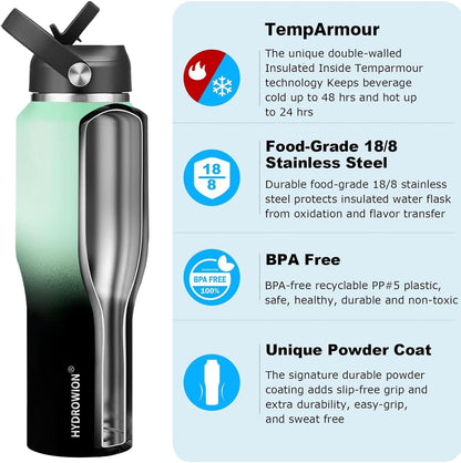 HYDROWION 32oz Stainless Steel Water Bottle(Cold for 48 Hrs, Hot for 24 Hrs),Double Wall Vacuum Insulated Water Bottle with Straw Lid, Spout Lid and Flex Cap, Fit in Any Car Cup Holder,Black