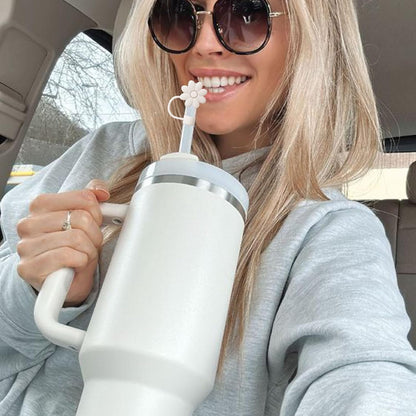 Flower Straw Covers Toppers for Stanley Cups 30&40 Oz Tumbler with Handle Accessories 4PCS Silicone Straw Caps Reusable Straws Tips Protectors for Stanley Cup 10mm 0.4in Straws,Off White