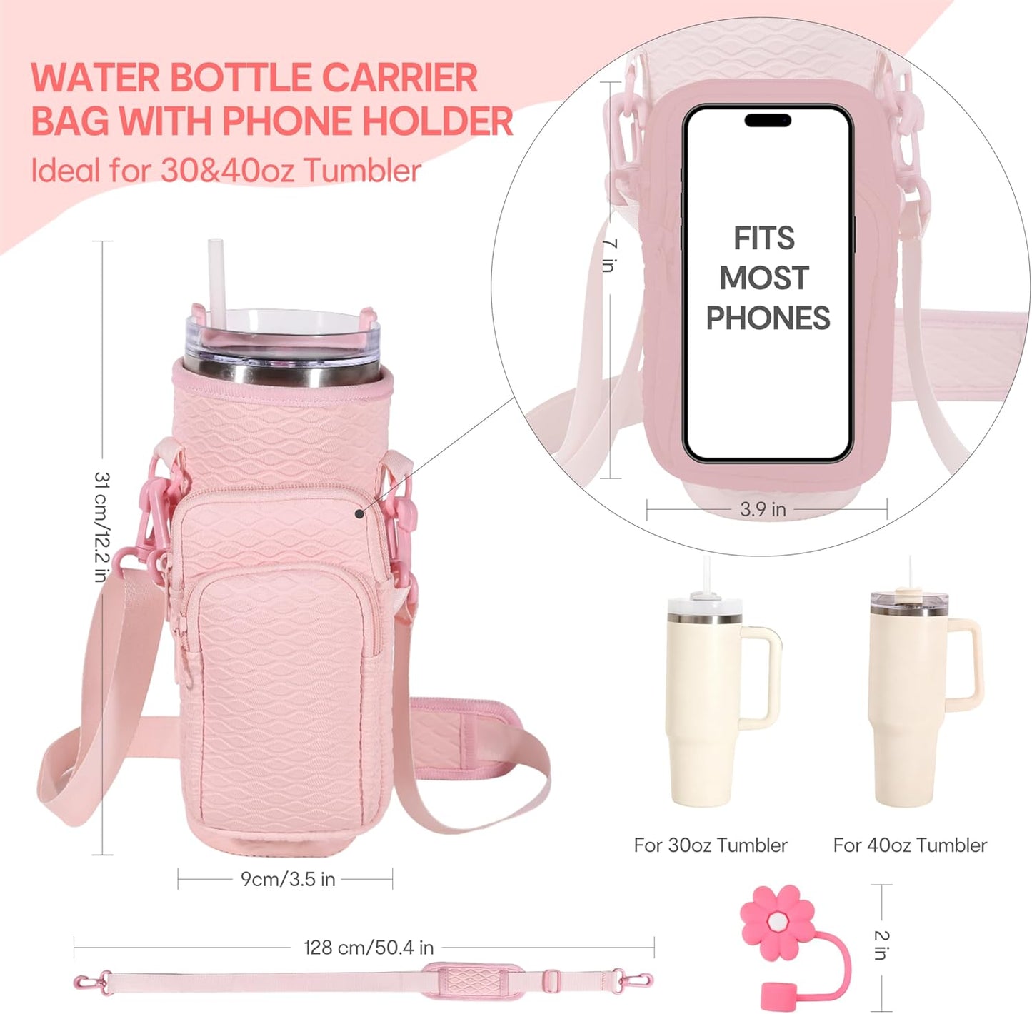 &And Per Se Water Bottle Shoulder Bag with Phone Pocket, Compatible with Stanley 30oz Tumblers - Neoprene Carrier with Adjustable Strap & Charm Accessory (Black)