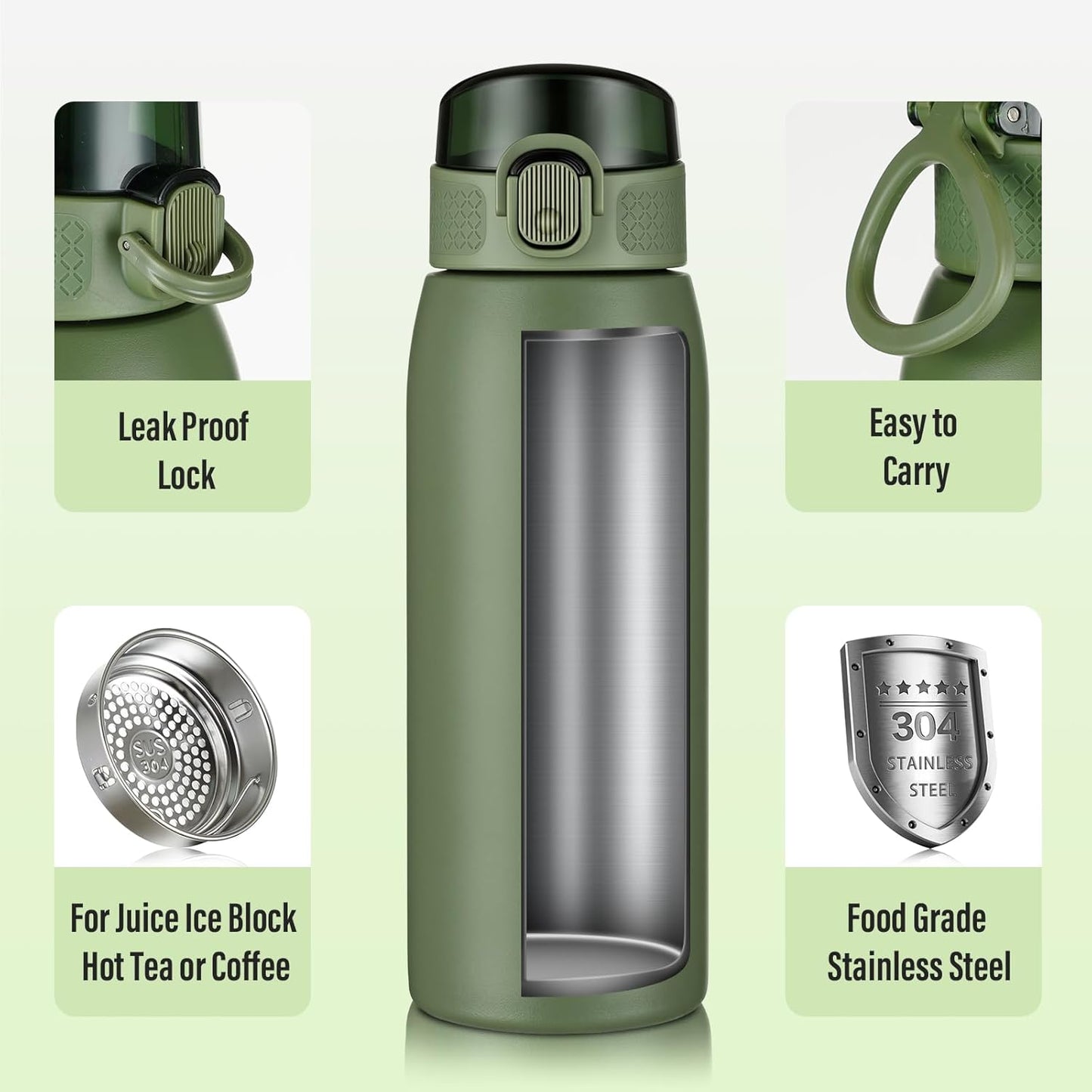 Insulated Water Bottle 24 oz with Dustproof Lid, Carry Handle & Tea Infuser, BPA-Free & Leakproof, Stainless Steel Water Bottles Ideal for Fitness, Hiking, Office & Outdoor Use (Black)