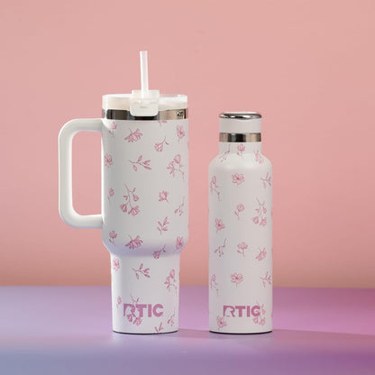 RTIC 30 oz Road Trip Tumbler Double-Walled Ceramic Lined InsulatedStainless Steel Portable Travel Coffee Mug Cup with Lid, Handle and Straw, Periwinkle Bouquet