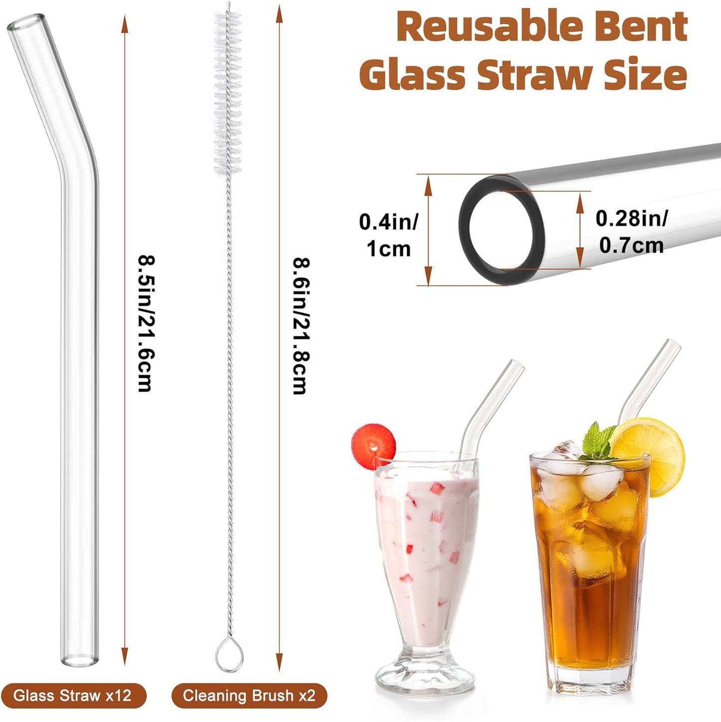 Antner 12 Pack Reusable Glass Straw, 8.5" x 10MM Bent Clear Glass Drinking Straws for Hot & Cold Drinks, 2 Cleaning Brushes Included