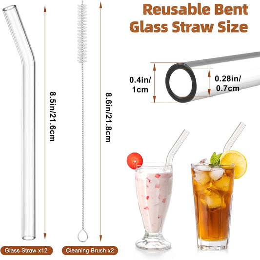 Antner 12 Pack Reusable Glass Straw, 8.5" x 10MM Bent Clear Glass Drinking Straws for Hot & Cold Drinks, 2 Cleaning Brushes Included