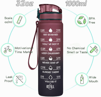 Enerbone Water Bottle, Leakproof BPA & Toxic Free, Motivational Water Bottle with Times to Drink and Straw, Fitness Sports Water Bottle with Strap for Office, Gym, Outdoor Sports