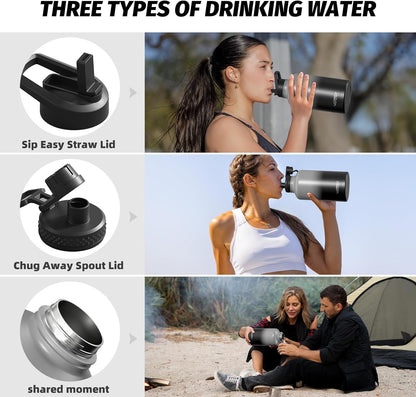 40oz Insulated Water Bottle (Cold for 48 Hrs),BPA Free&Leak Proof,Stainless Steel Water Flask,Water Jug with Straw Spout Lids for Gym,Hiking,Travel,Black Blue