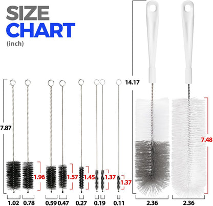 Holikme 10 Pack Bottle Brush Cleaner Set, 15" Long Handle Bottle Cleaner Brush, Flexible Long Handle Water Bottle Brush for Narrow Neck Beer Wine, 8 Straws, Abrasive Spiral Brushes, White Grey