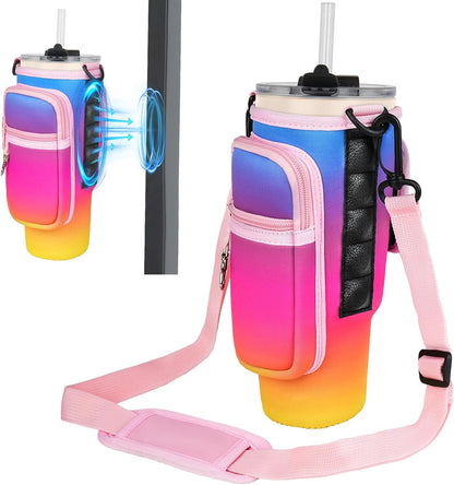 Magnetic Water Bottle Carrier Bag Compatible with Stanley/Meoky 40 oz Tumbler with Handle,Water Bottle Holder Pouch with Adjustable Shoulder Strap & Phone Pocket Fits for Stanley Cup Accessories
