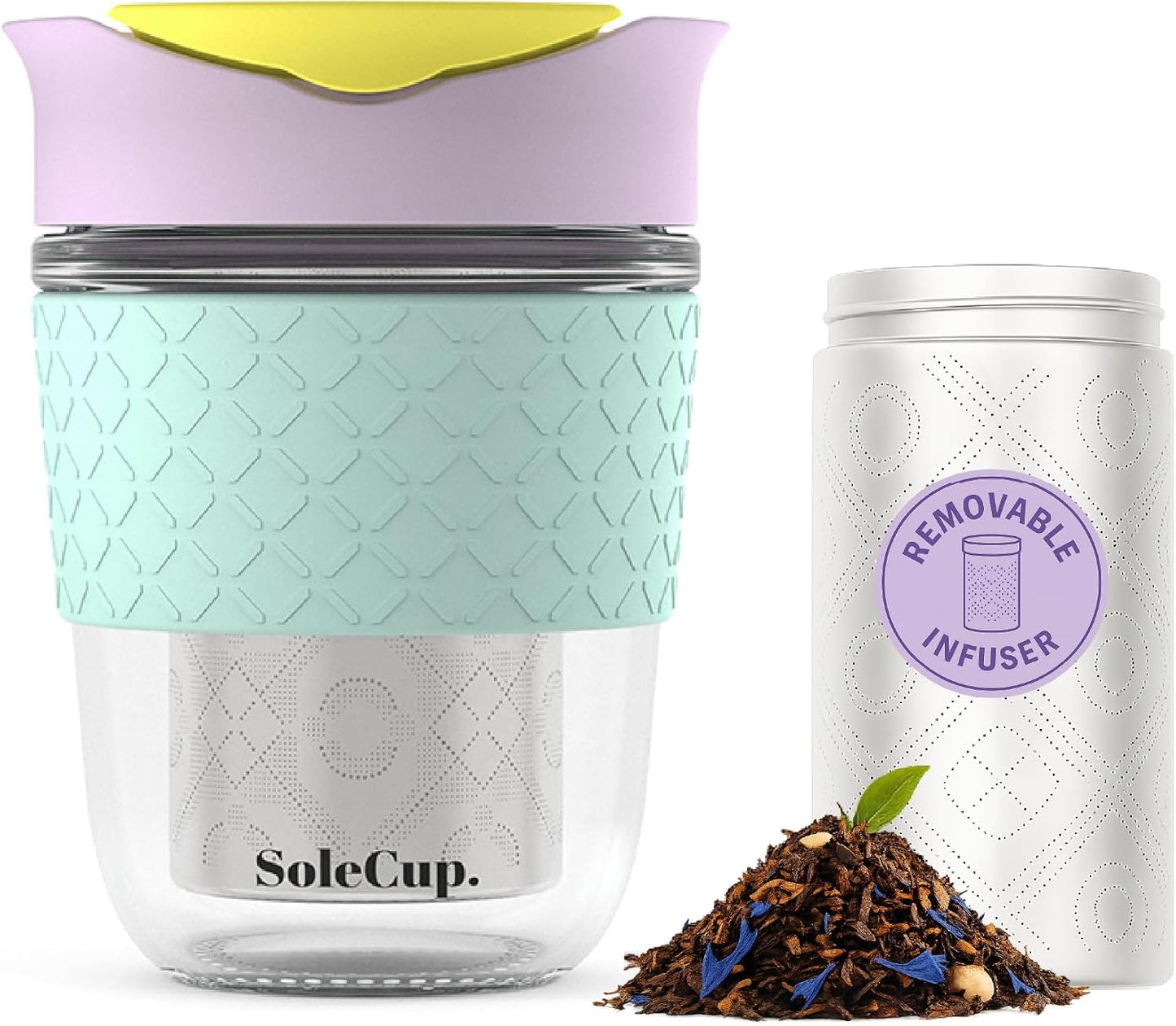 Travel Mug Loose Tea Infuser - Detachable Tea Strainer with Spillproof Lid - BPA-Free Reusable Glass Travel Coffee Cup with Silicone Band (Ice Cream, 12oz)