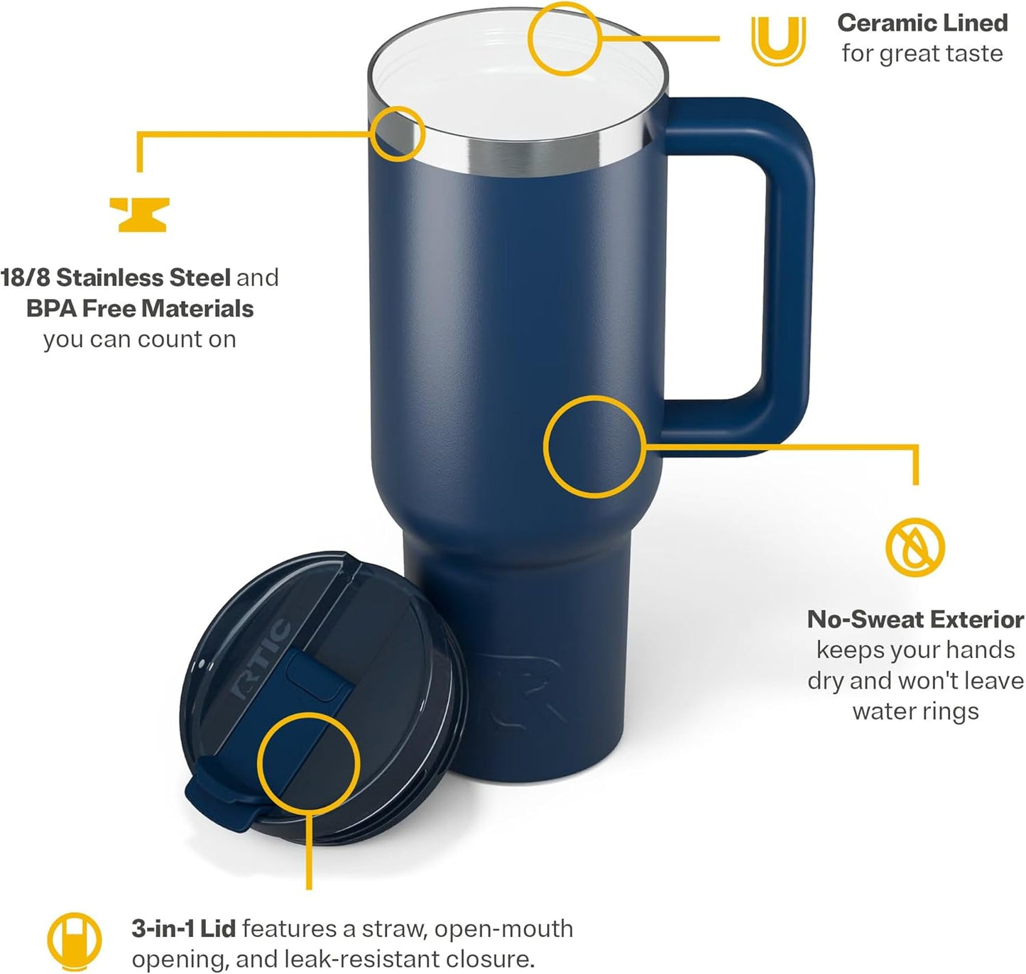 RTIC 30 oz Road Trip Tumbler Double-Walled Ceramic Lined InsulatedStainless Steel Portable Travel Coffee Mug Cup with Lid, Handle and Straw, Periwinkle Bouquet