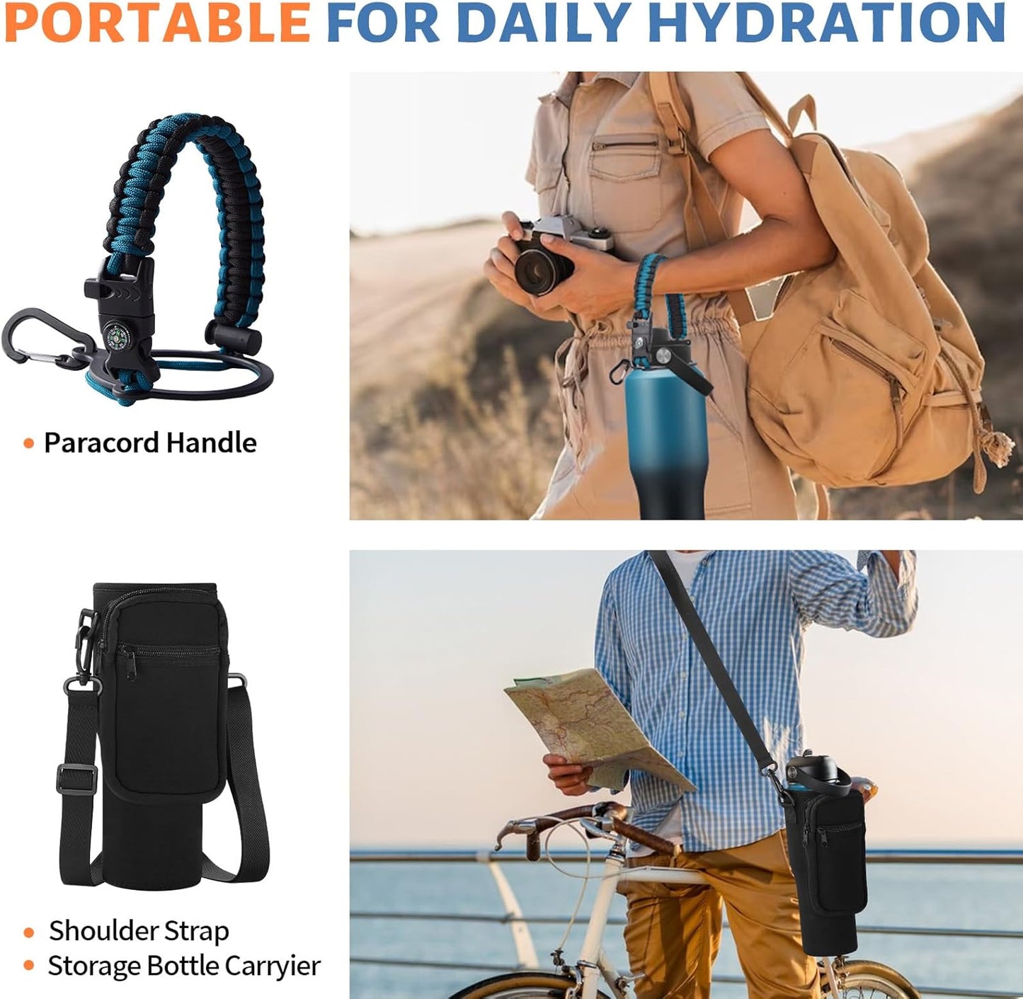 Insulated Water Bottle 40 oz - Fits in any Car Cup Holder, Keep Cold 48H Hot 24H, Stainless Steel Waterbottle Double Wall Flask with Straw, Pop-up Spout Lid, Paracord Handle, Carrier Bag