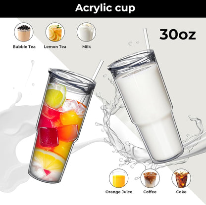 MEWAY 30oz/2 pcs Classic Insulated Tumblers,Double Wall Acrylic Tumbler with Lid，Reusable Plastic Insulated Tumblers with Straw，for cold drinks, sand ice, whatever you like(transparent,2 pack)