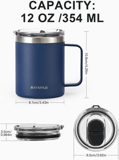 RAYMYLO Insulated Coffee Mug 12 oz, Double Wall Stainless Steel Coffee Mug with Lids, Leak-Proof & Detachable Slider Lid for Thorough Clean, Keeps Coffee Cold for 9 Hrs, Suitable for Camp Home Office