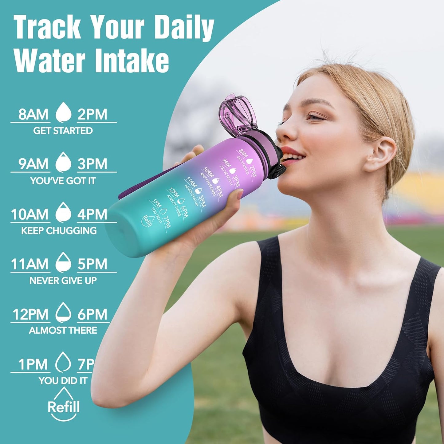 OLDLEY Water Bottle, 32oz Motivational Sports Water Bottle with Time Marker - Times to Drink - Tritan, BPA Free, Wide Mouth Leakproof, Clear (1 Bottle)