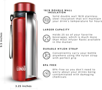 London Sip 25 oz Multi-Function Travel Mug and Tumbler Tea Infuser Water Bottle Fruit Infuser Flask Hot and Cold Double Wall Stainless Steel Coffee Thermos, Cosmic Silver