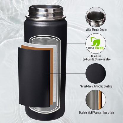 Fijinhom 24 oz Insulated Water Bottle with Handle, 304 Stainless Steel Water Bottles with Wide Mouth, Double Wall Vacuum Sports Water Bottle, BPA Free, Keep Cold and Hot, Black | with Handle