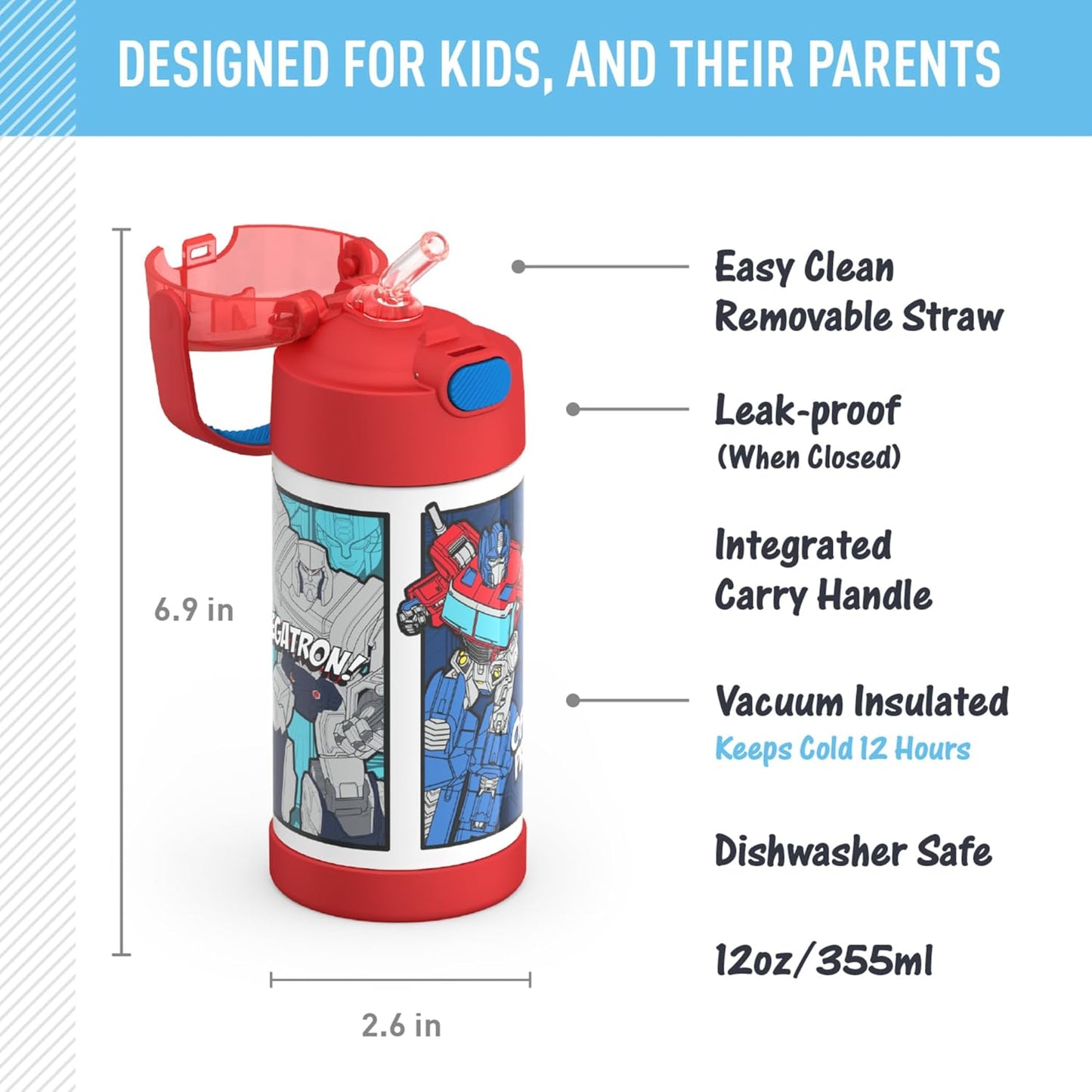 THERMOS FUNTAINER Water Bottle with Straw - 12 Ounce - Kids Stainless Steel Vacuum Insulated Water Bottle with Lid, Bluey - Colors B