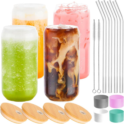 1 Pack Glass Cup, 16oz Drinking Glass with Bamboo Lid and Straw, Beer Tumbler for Mojito Soda Smoothies Whiskey Iced Coffee Cocktail Tea Juice