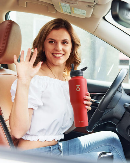 Trebo 40 oz Water Bottle Insulated Fit Car Cup Holder with Handle, Stainless Steel Water Bottles Tumbler with Spout Straw Lids, Double Wall Travel Reusable Flask, Leakproof Mug,Keep Cold &Hot,Black