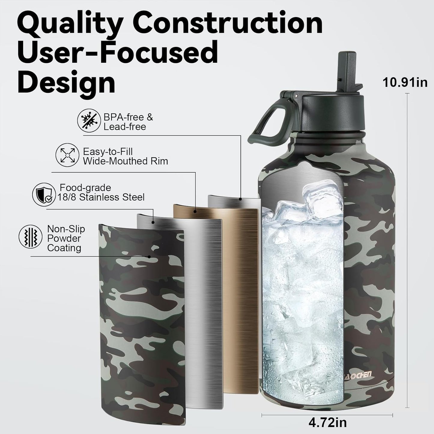 KXIAOCHEN Insulated Water Bottle With Strap, Cold For 48 Hrs Leak Proof, Triple Wall Stainless Steel Sports Water Bottle With Straw And Spout Lid For Gym Hiking Travel