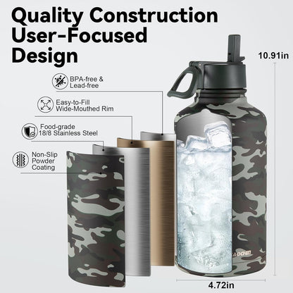 KXIAOCHEN Insulated Water Bottle With Strap, Cold For 48 Hrs Leak Proof, Triple Wall Stainless Steel Sports Water Bottle With Straw And Spout Lid For Gym Hiking Travel