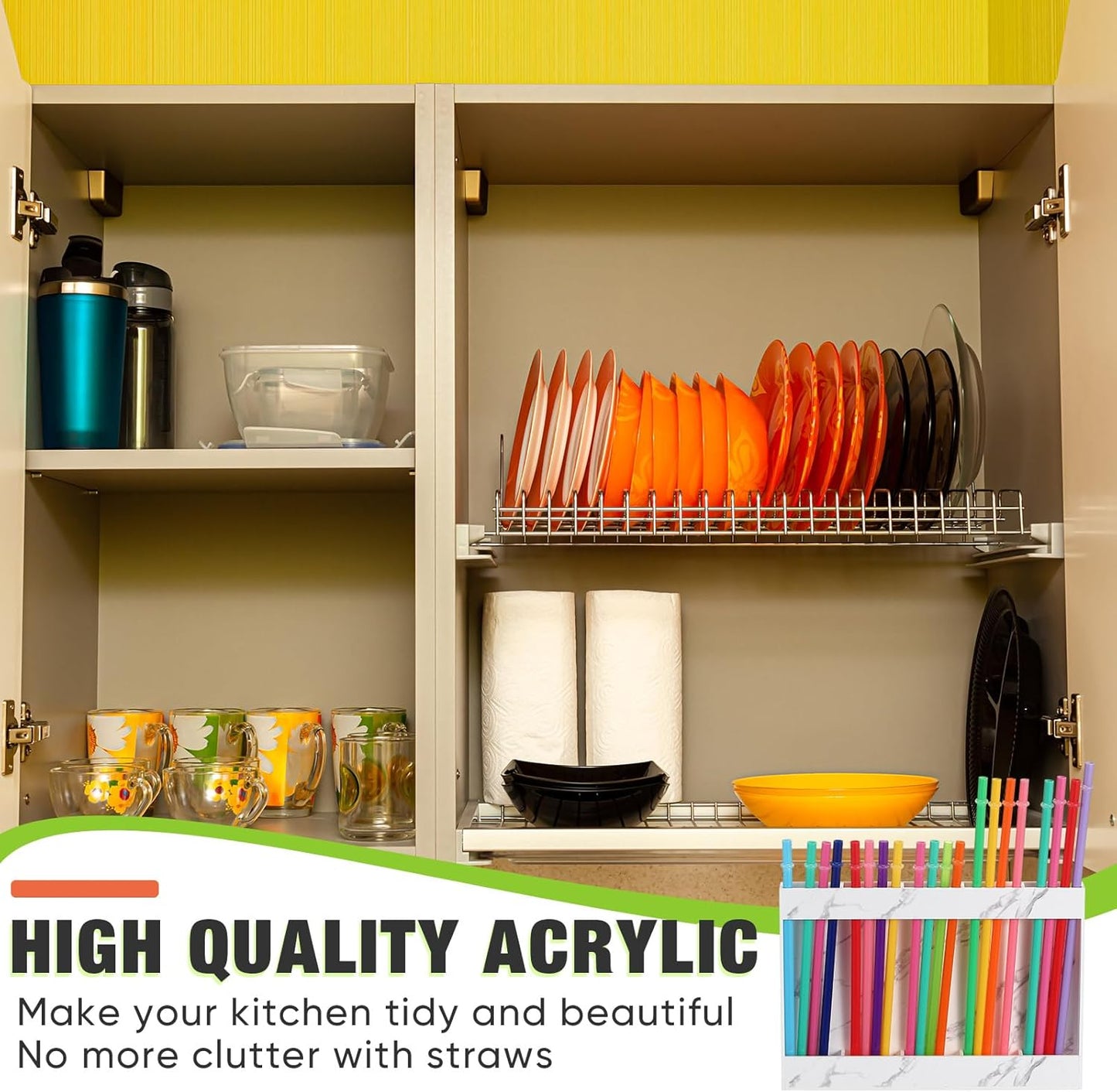 Qinyoung Acrylic Straw Holder for Cabinet Door with Double Sided Adhesive Tape Reusable Straw Organizer Tumbler Storage Kitchen Accessories Container for Counter Cupboard(Classic,Large,Transparent)