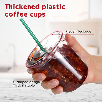 Baderke 25 Set Plastic Cups with Lids and Straws, Disposable Plastic Iced Coffee Cup for Cold Beverage Juice Smoothie Crystal for Coffee Shops Party Catering(Clear,16 oz)