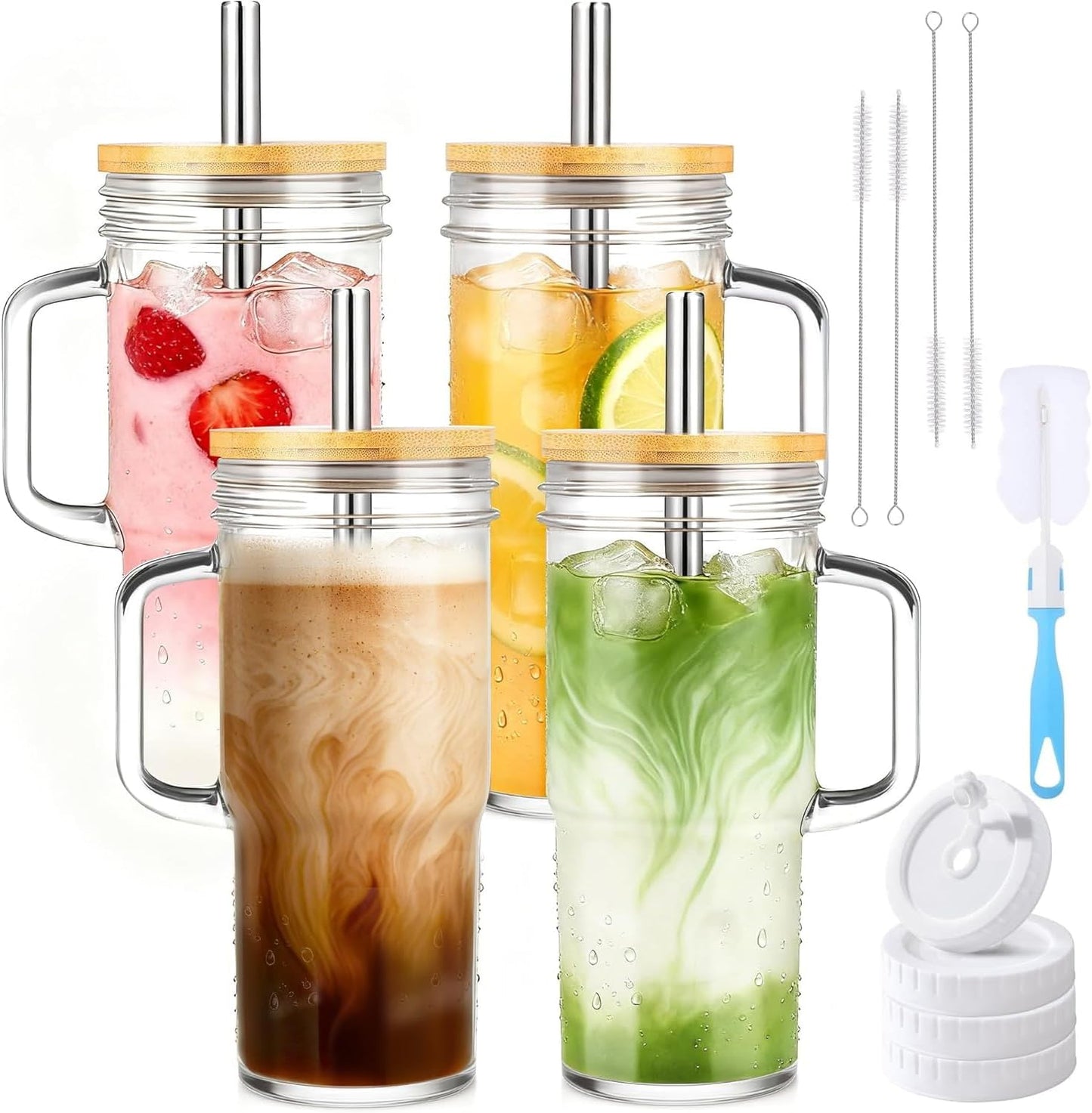 2Pack 40OZ Glass Tumbler with Handle,Glass Cup with Lid and Straw,Reusable Glass Iced Coffee Cup for Beer, Smoothies, Juice,Hot/Cold Drinks-Suitable for Birthday,Wedding