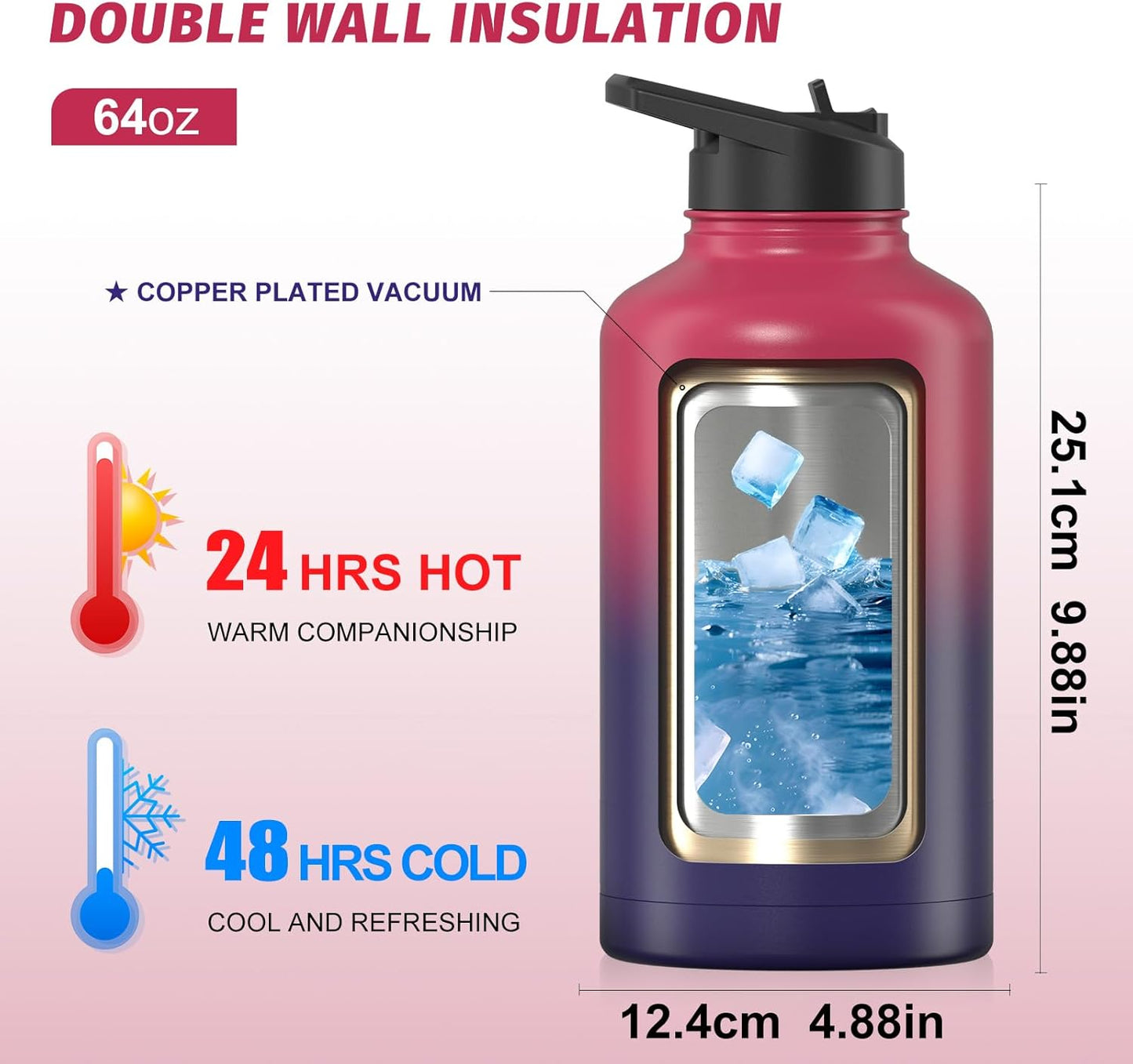 40oz Insulated Water Bottle (Cold for 48 Hrs),BPA Free&Leak Proof,Stainless Steel Water Flask,Water Jug with Straw Spout Lids for Gym,Hiking,Travel,Black Blue